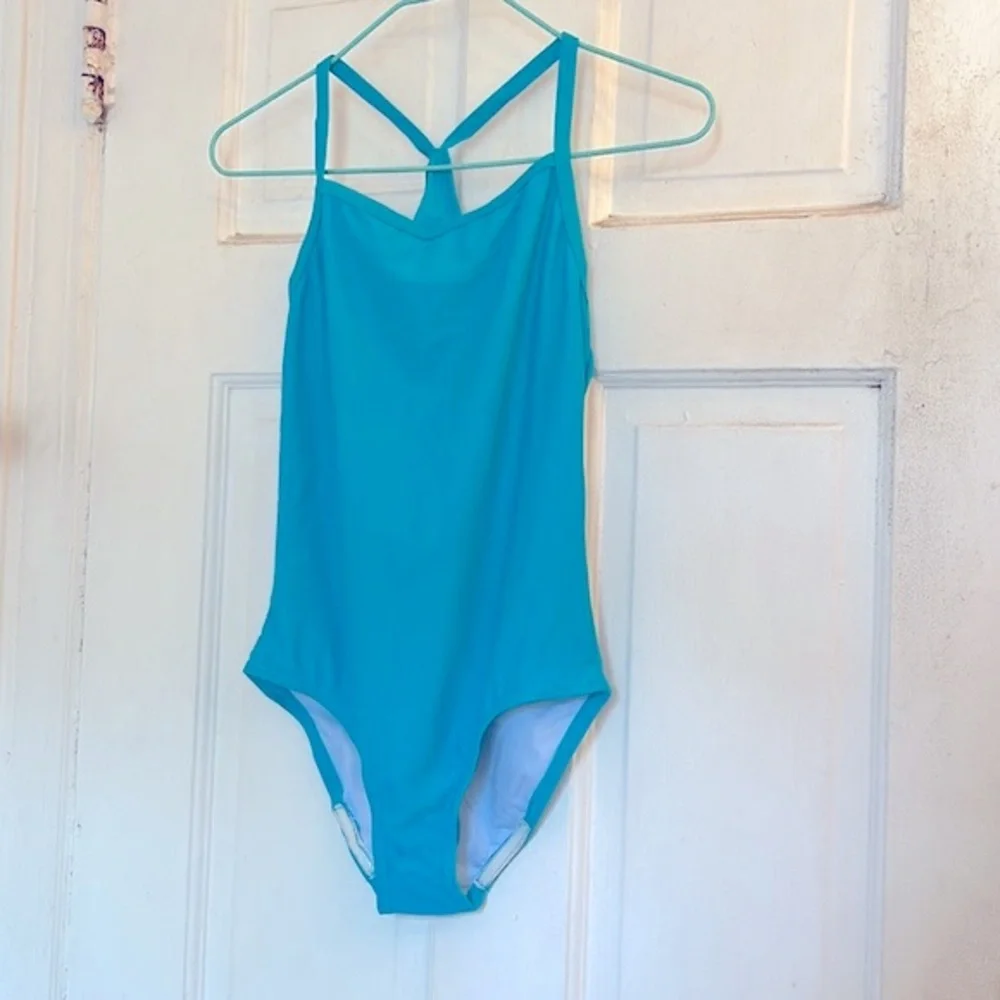 Girls Aqua Blue One-Piece Swimsuit with Cross-Back Straps in size 12